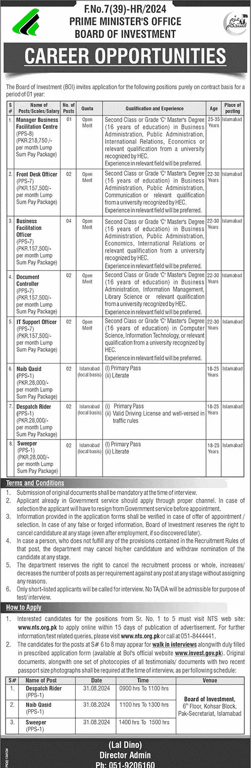 Board of Investment Jobs 2024 Advertisement