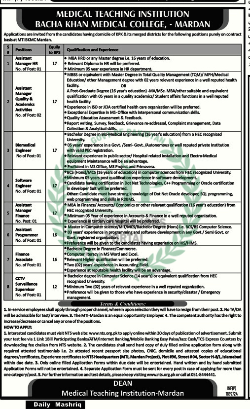 Latest Bacha Khan Medical College Jobs 2024 Advertisement