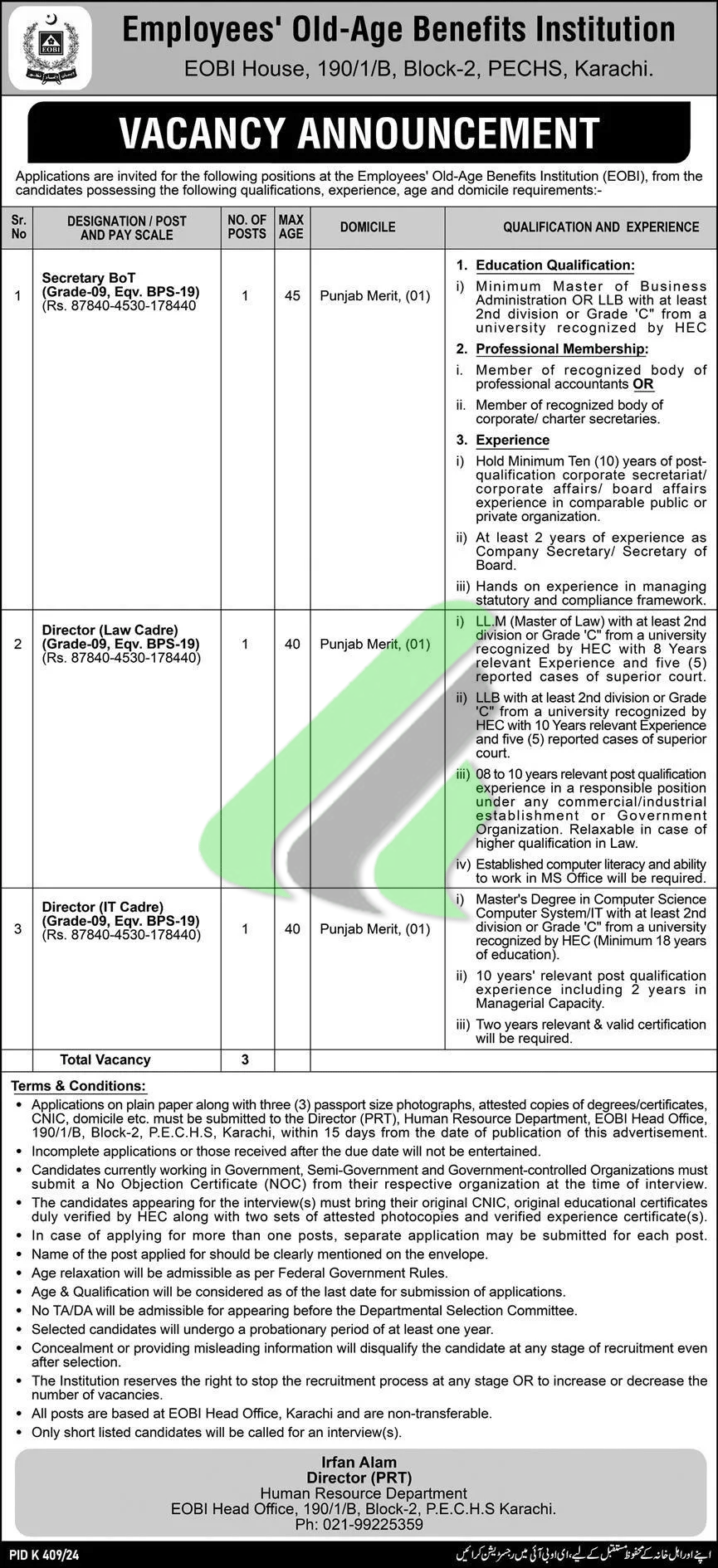 EOBI Employees Old Age Benefits Institution Jobs Advertisement