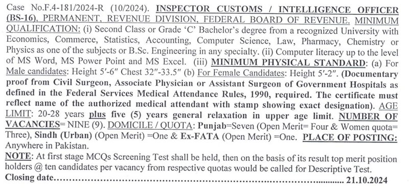 FBR Pakistan Customs Jobs 2024 Advertisement