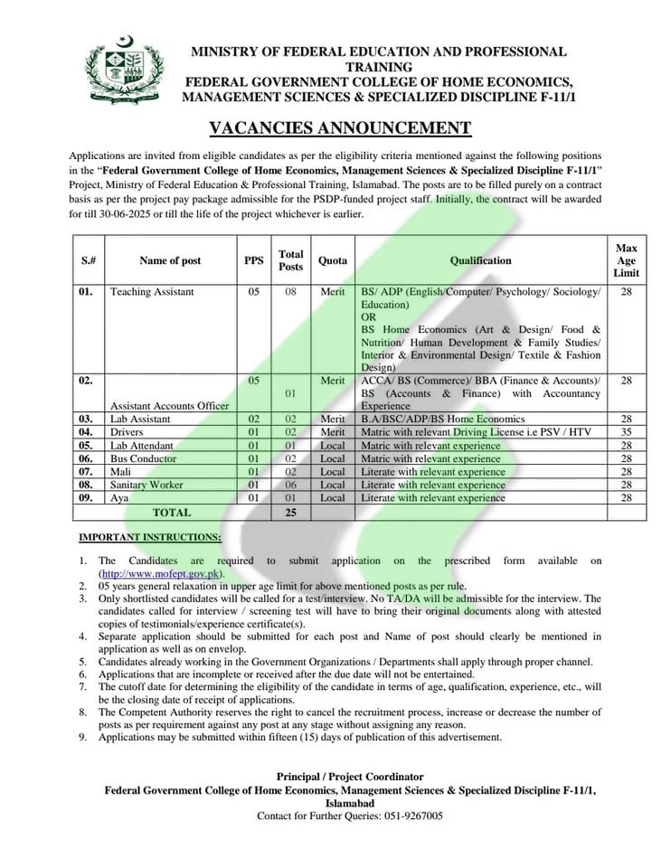 Ministry of Federal Education Jobs 2024 Advertisement