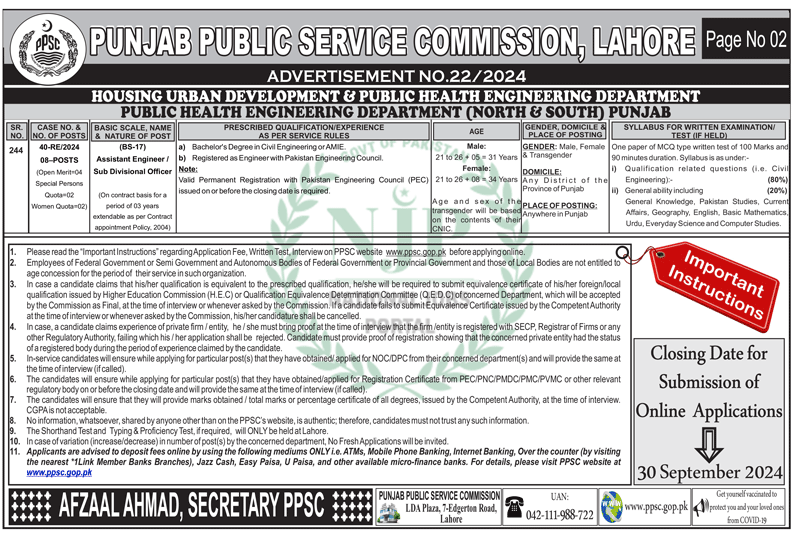 PPSC Jobs Advertisement No. 22/2024 