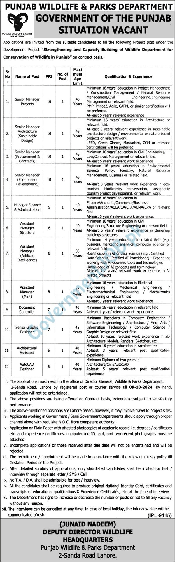 Punjab Wildlife & Parks Department Jobs 2024 Advertisement 