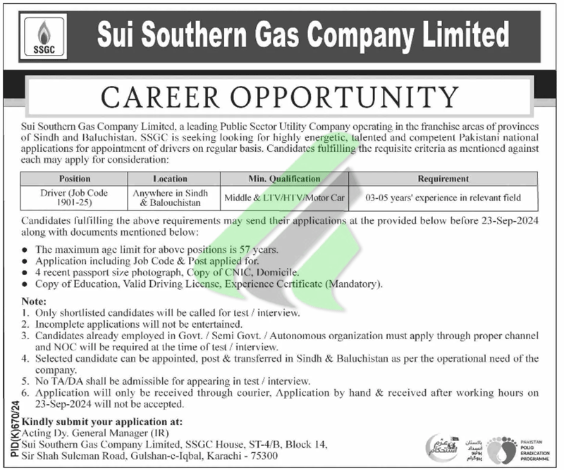 SSGC Jobs 2024 Advertisement