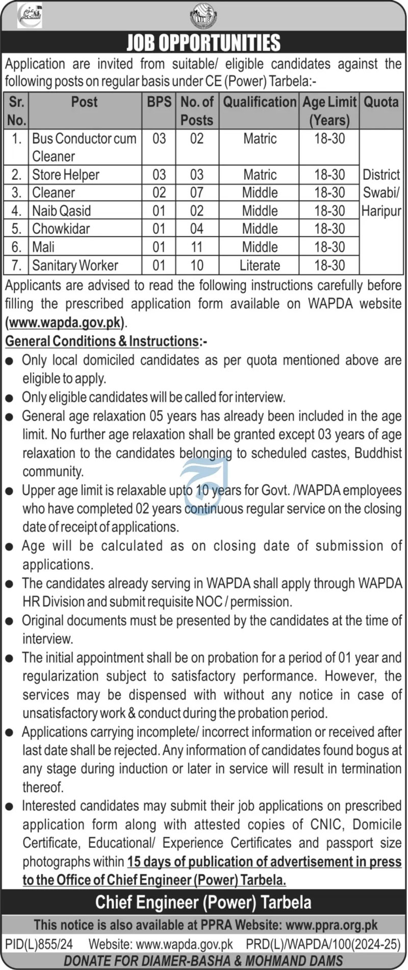 Water and Power Development Authority's Jobs 2024 Advertisement